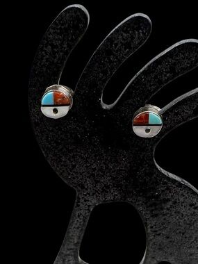 Native American Sterling Silver Turquoise Multi Stone Sunface Stud Earrings